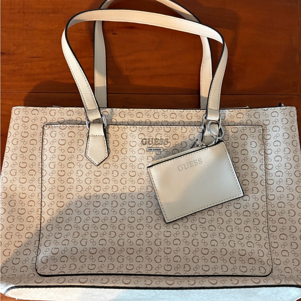 GUESS Logo Tote Bag Cream Beige Monogram Shoulder Bag NWOT - Picture 11 of 13